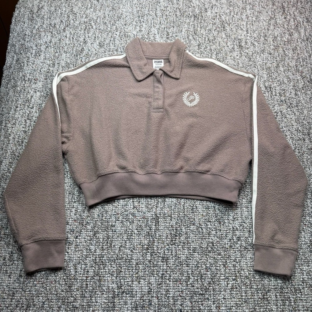 Victoria Secret Pink Polo Sweatshirt Womens Small Cropped Long Sleeve Fleece